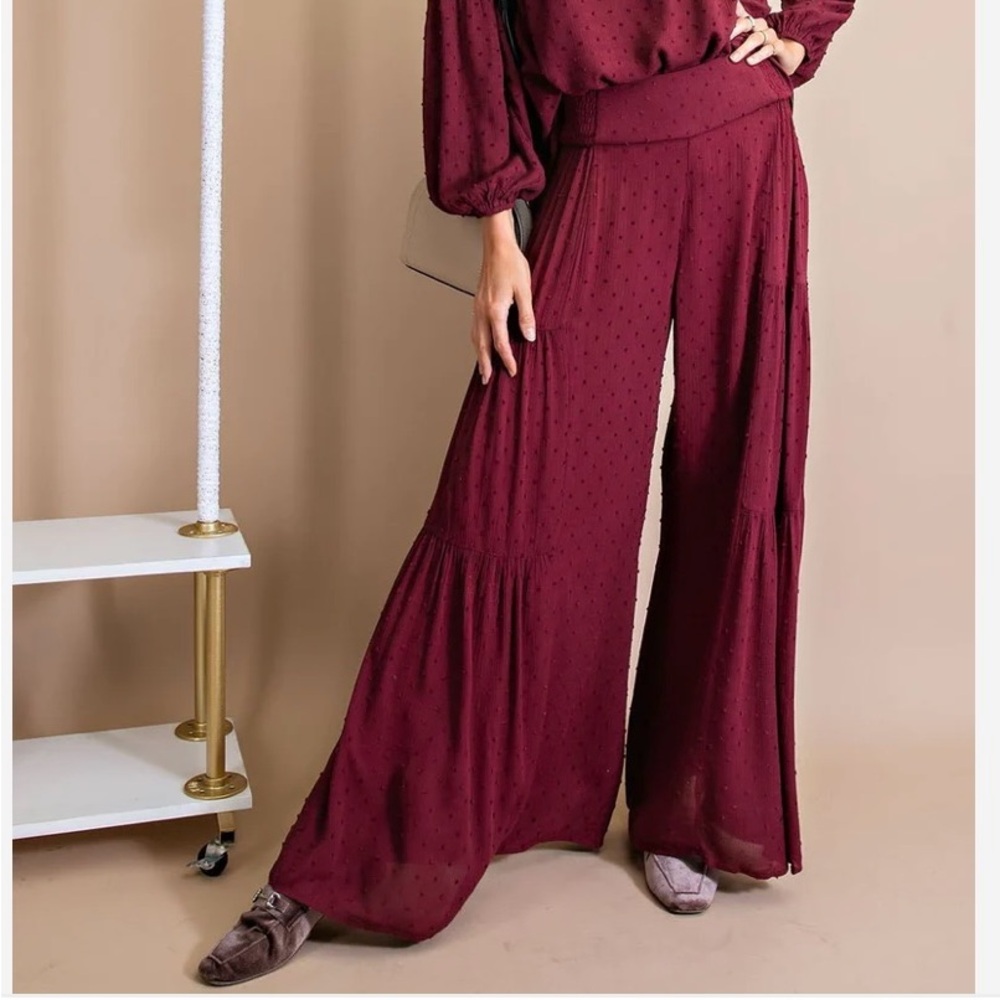 easel Wide Leg Tiered Pants in Deep Wine Burgundy